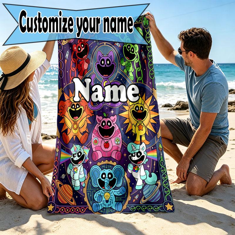 Custom Name Personalized Poppy Playtime Print Beach Towel, for Trip Camping Beach Party Home Decor, Birthday Gift for Family & Friends