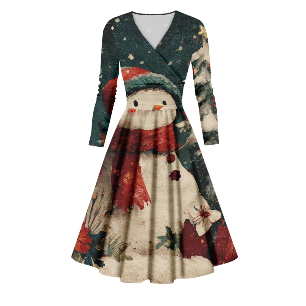 Ladies' Casual And Fashionable Christmas Tree Print Long Sleeved V-neck Sexy Pocket Dress