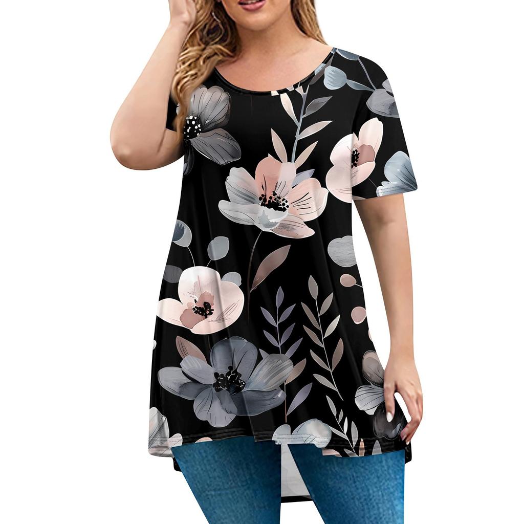 Women's Fashion Large Size Round Neck Short Sleeve Casual Print Loose Pullover Top