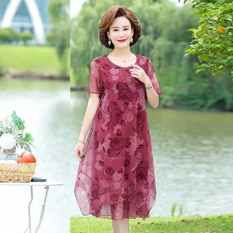 Women Summer Casual Dress Ladies Middle-aged Print Short Sleeve Pleated Dresses Female Vintage Mesh Yarn Floral Dress Vestidos