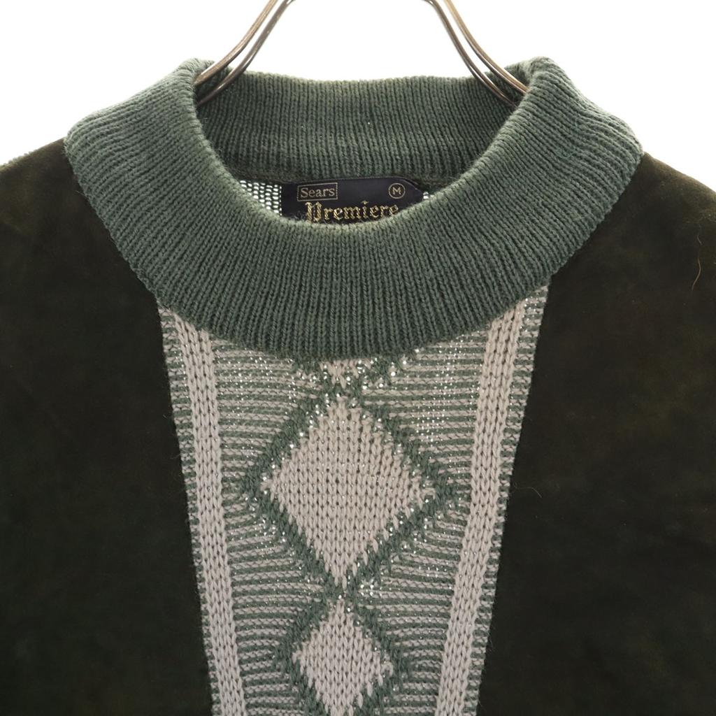 Sears 70s vintage Long sleeve Suede leather switching sweater M knit Men's Used