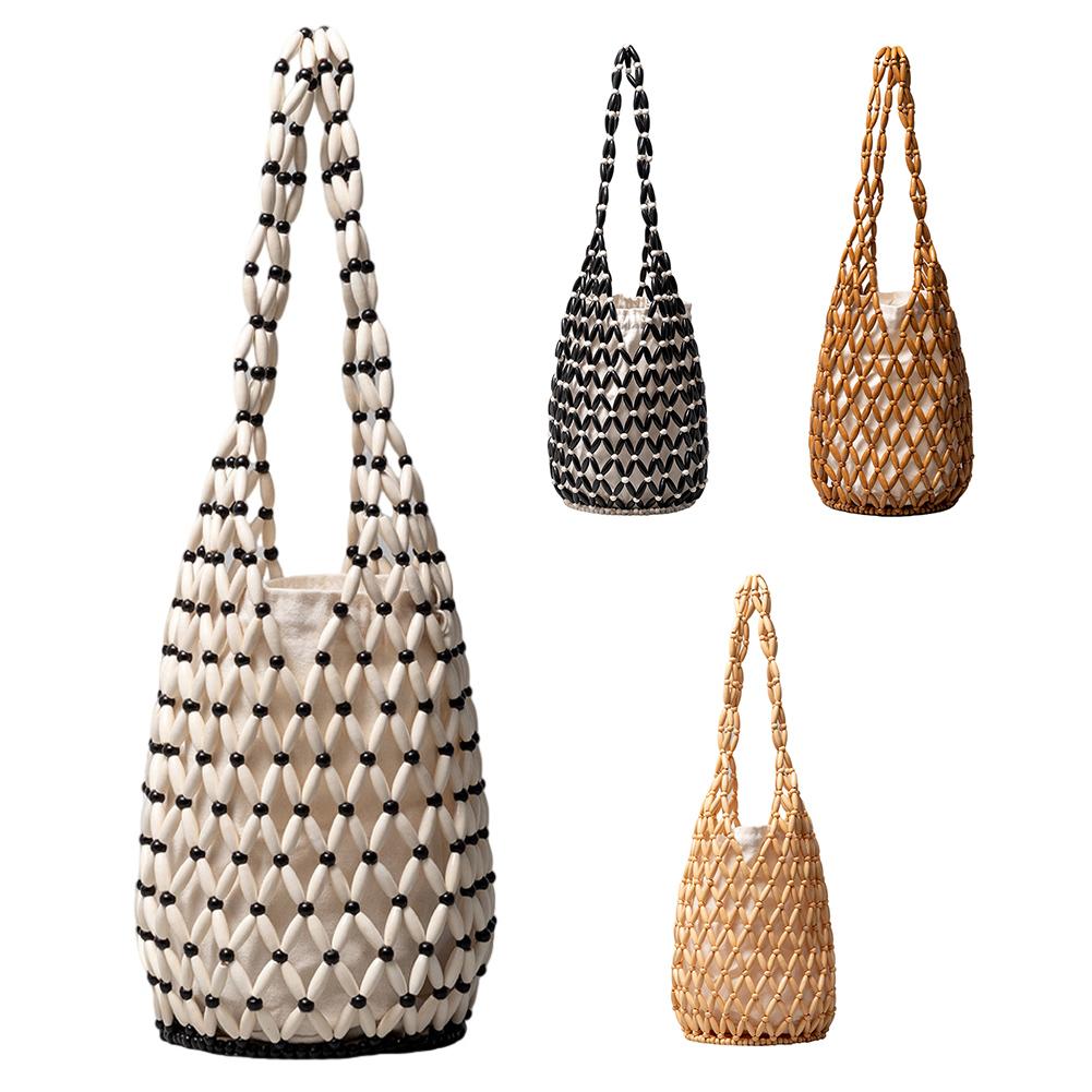Wooden Bead Woven Hand Bag for Women Hollow-out Tote Bag Bucket Shoulder Bag Handmade Shoulder Bag Casual Summer Beach Handbag