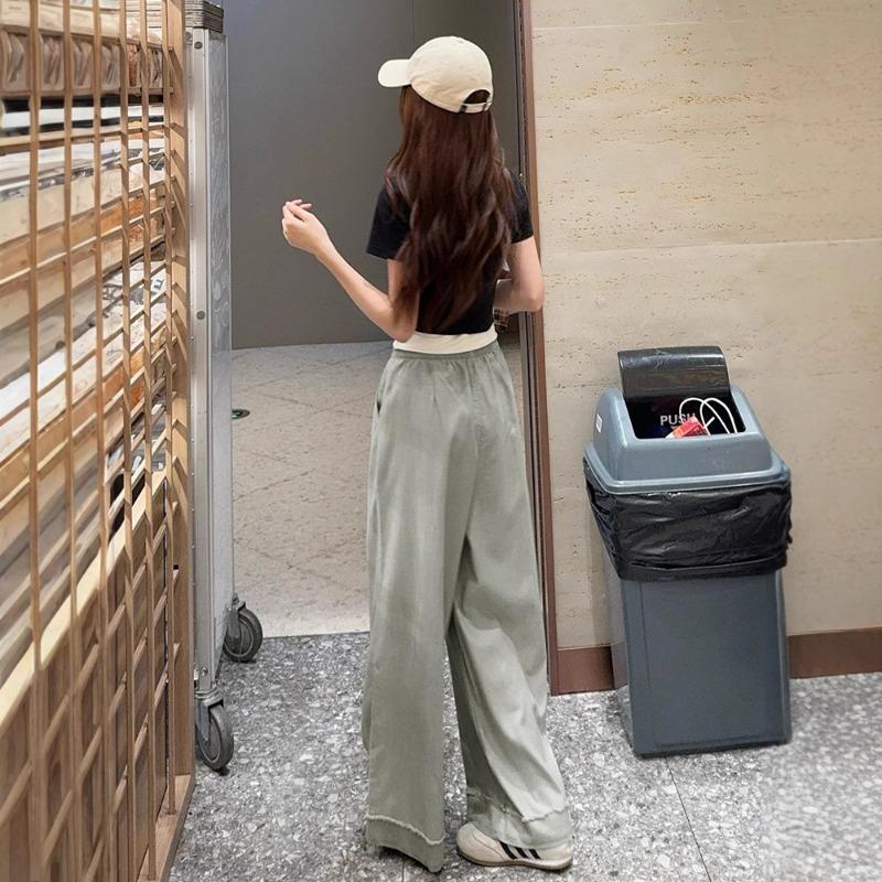 Rough edge tassel washed cotton pants women's spring and summer new small wide-leg pants high waist nine-point straight pants