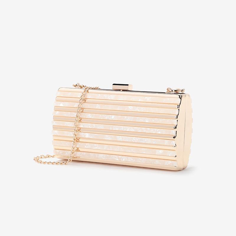 Women's Bag New Sweet Lady Metal Striped Small Square Bag Versatile Shoulder Messenger Chain Dinner Bag