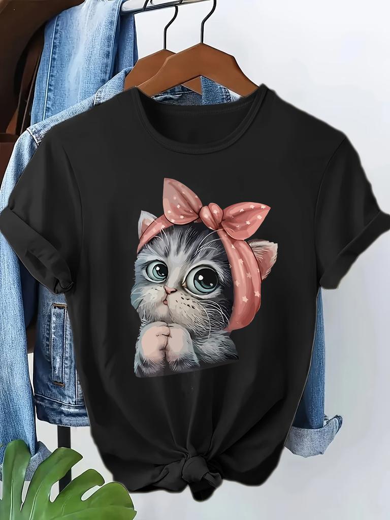 Kawaii Cat With Bow Retro 90s Girl Harajuku 90s Unisex T Shirt Cartoon Graphic Ladies Tshirt Casual Unisex Shirt Tee Shirt