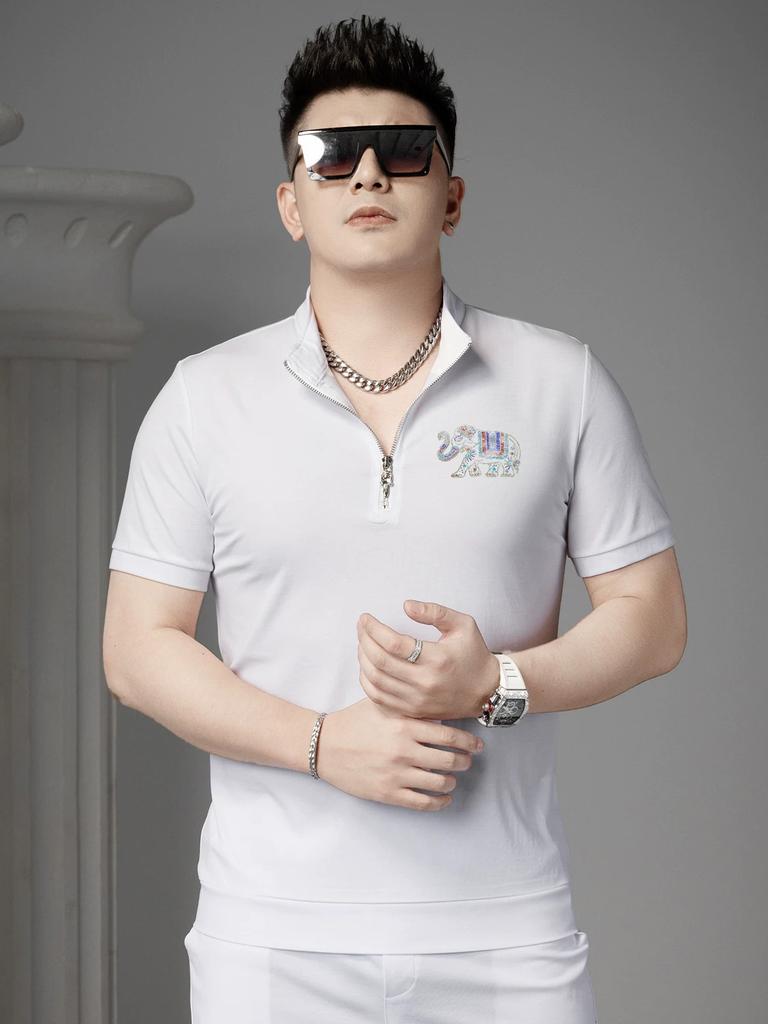 European Style Trendy Slim Fit Zipper Stand Collar Polo Shirt Men's 2025 Summer New Men's Short-Sleeved T-Shirt