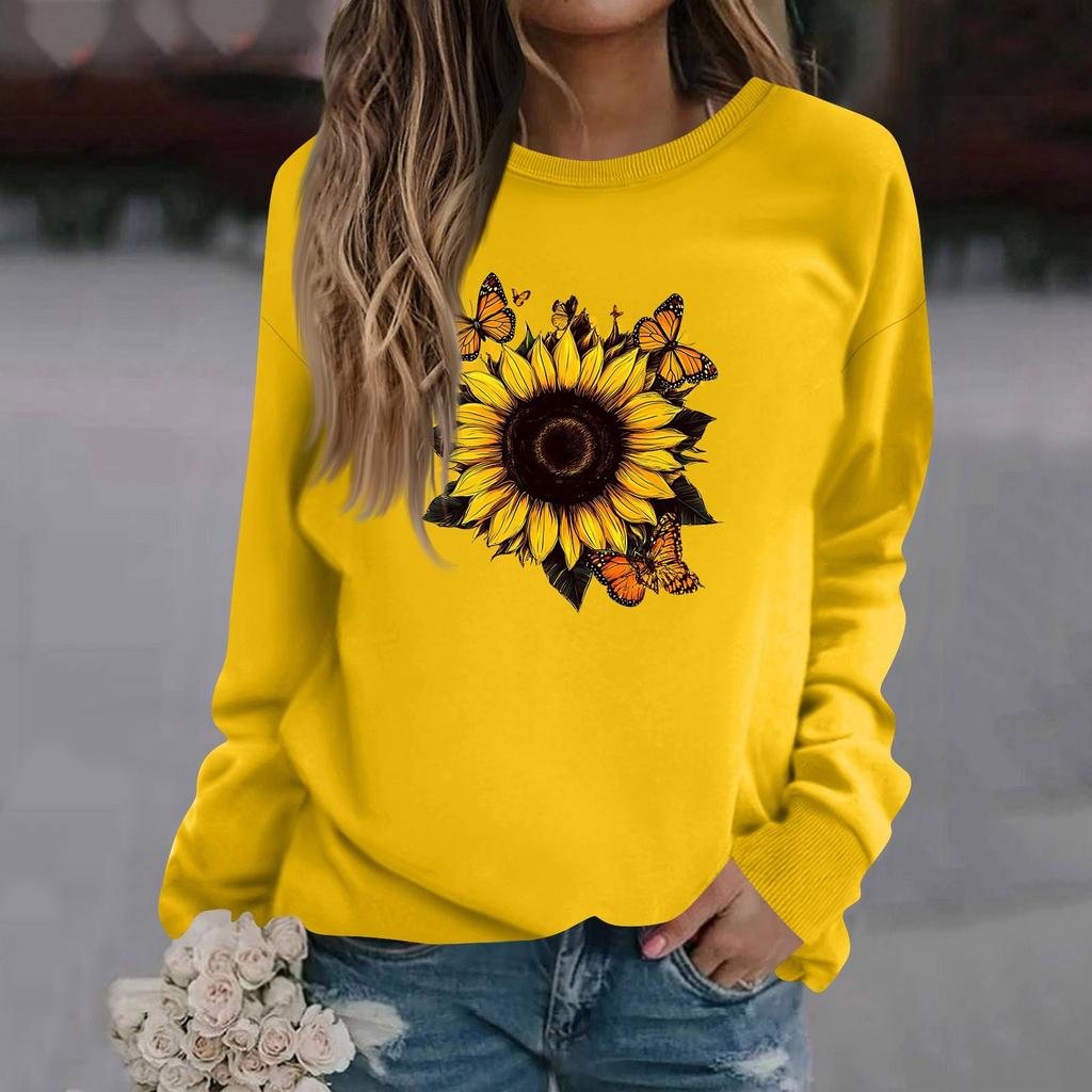 Sweat-shirt décontracté à manches longues et col rond pour femme, couleur unie, imprimé