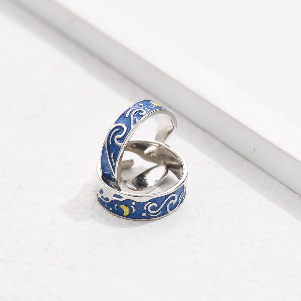 2 Pezzi Anelli Creativi Coppia Cielo Stellato di Van Gogh Anello Aperto Luna Stella Notturna per Donne Uomini Amanti Matrimonio Anello Dito Anello Argento Gioiello