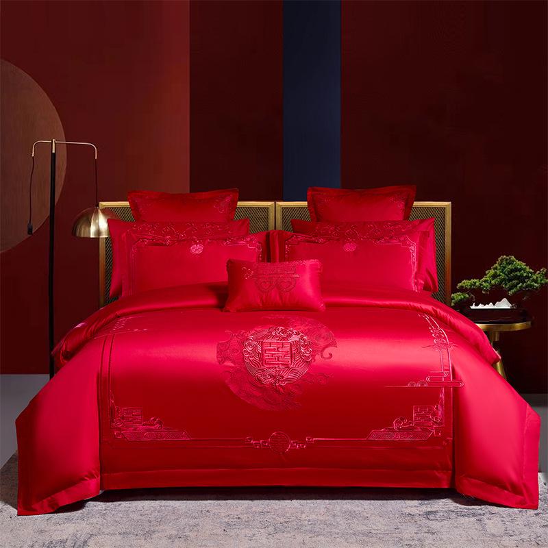 

Розкішний червоний весільний комплект постільної білизни зі 100% бавовни з довгим волокном, 200 ниток, з вишивкою. Larger 2.0m 4-piece 220x240