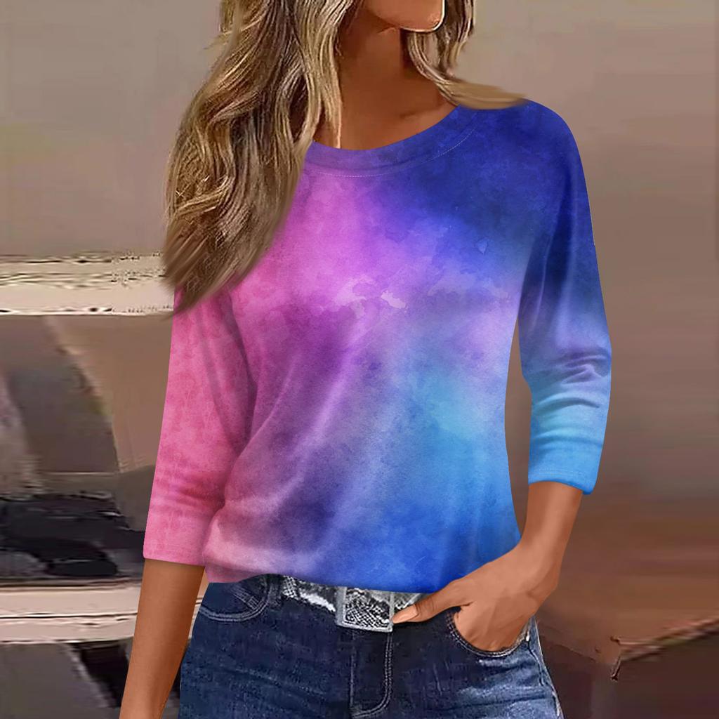 Moda damă ocazional decolteu rotund mâneci 3/4 tricou imprimat largi Top dama