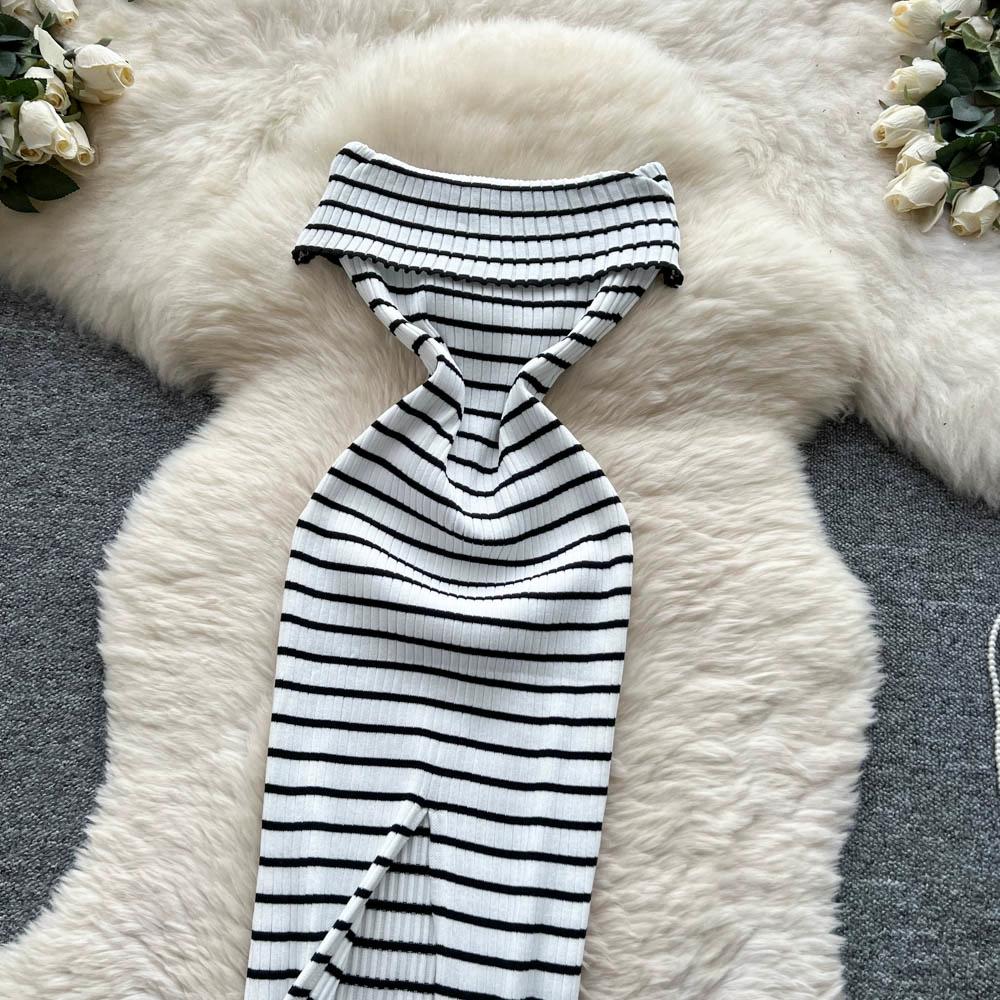 Summer Women Sexy Strapless Striped Knitted Sweater Office Work Sheath Dresses