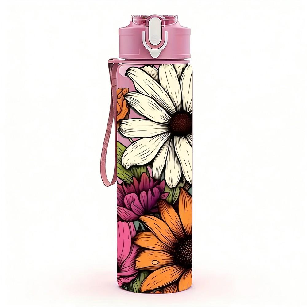 1PC Mixed Daisy Sunflower Bouquet Print 750ml Color Plastic Sports Water Bottle Leakproof Flip Straw Lid Suitable for Sports Office Home Use