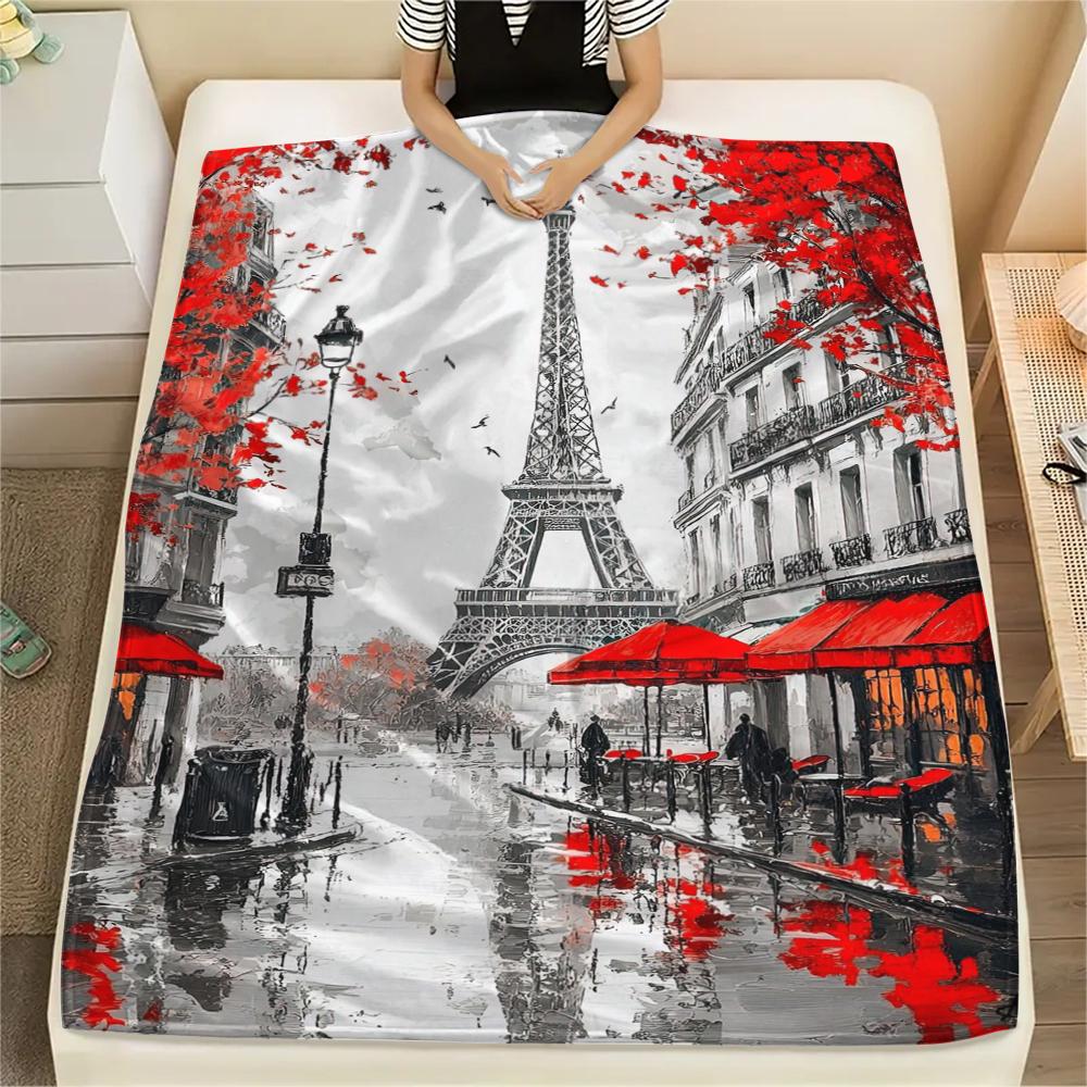 1Pc Eiffel Tower Art Print Flannel Blanket, High quality Comfortable for All Seasons, Home Decor, Warmth and Comfort, Perfect for Gifts