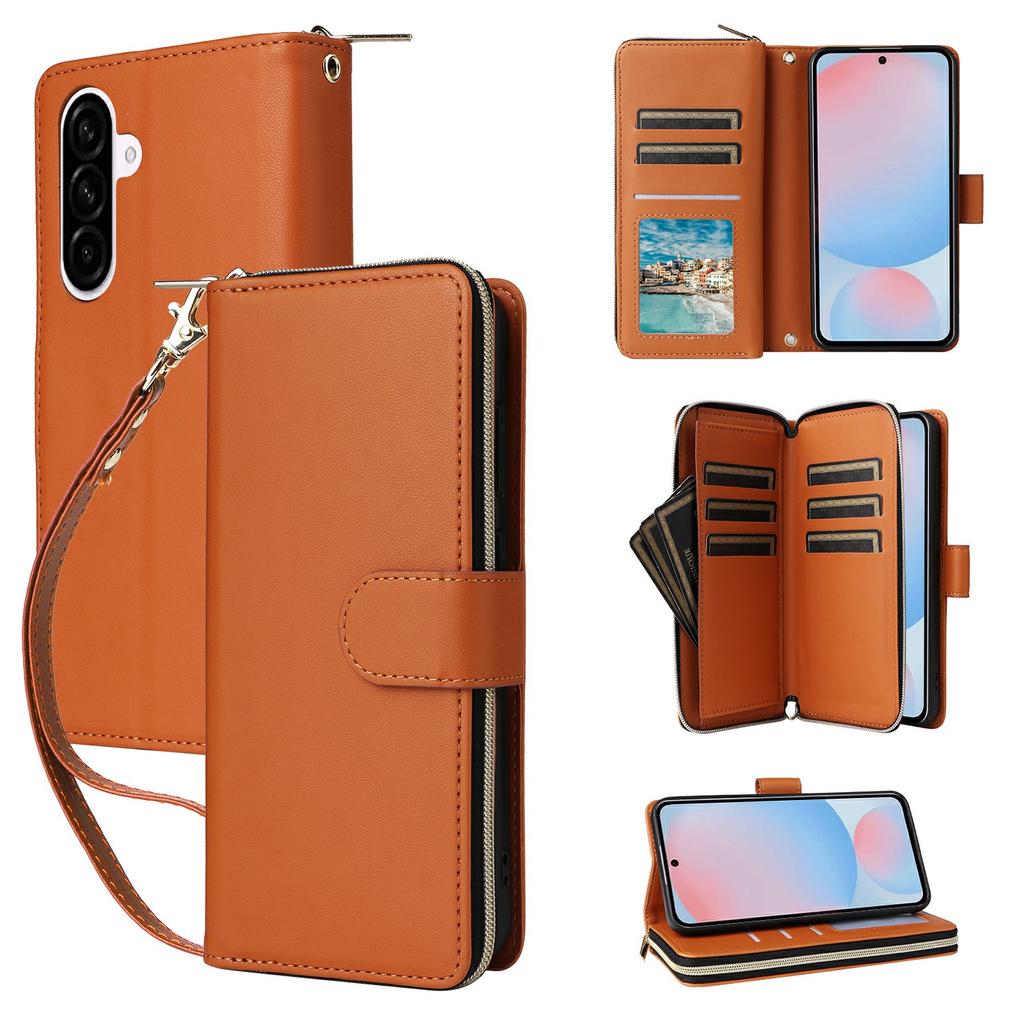 For Samsung Galaxy A57 5G Case 9 Card Slots Zipper Pocket PU Leather Phone Cover with Wrist Strap