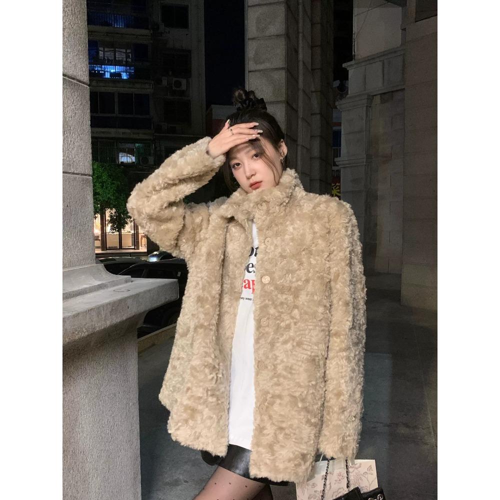 

Меховой цельный пальто из искусственного меха, экологичное пальто из плюшевого меха, женское зимнее пальто с воротником-стойкой, свободное, утолщенное, теплое, из искусственной овчины S абрикосовый