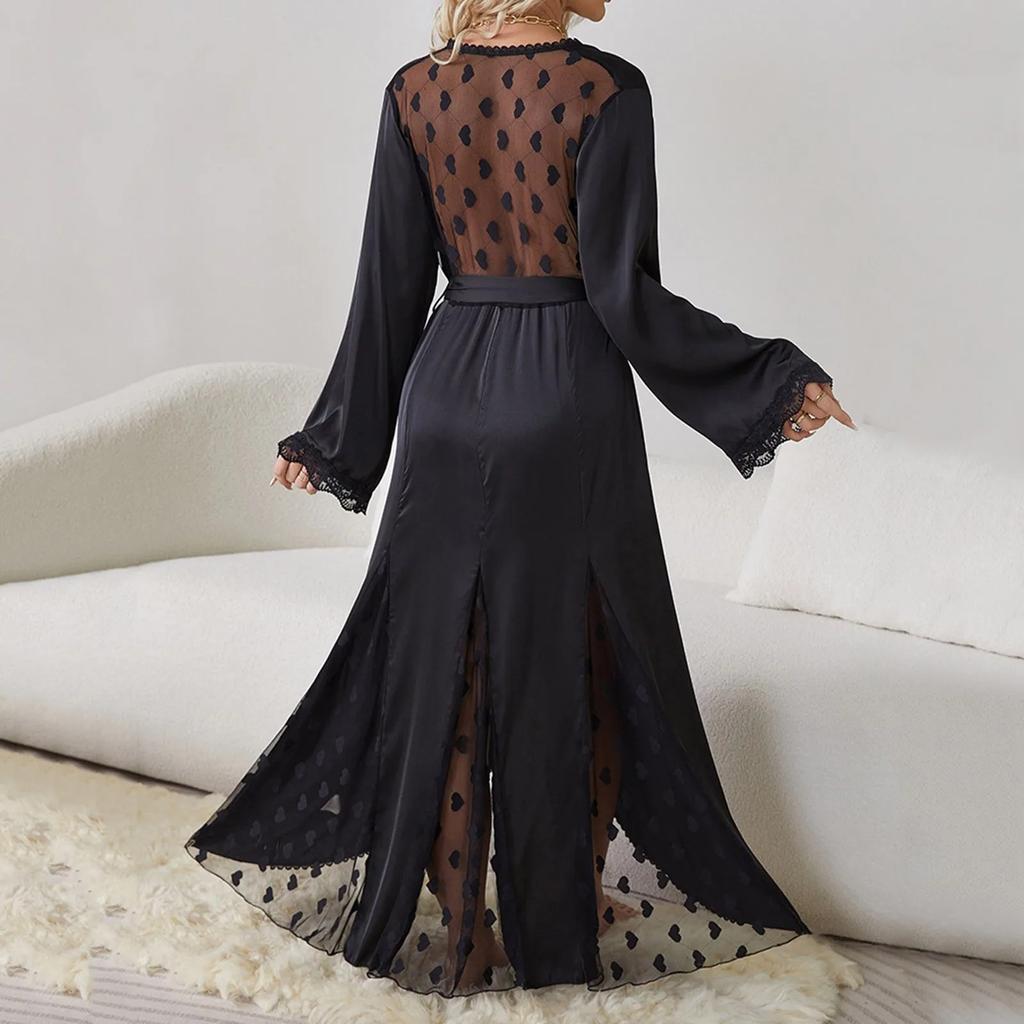 Halat Sexy de Damă Solid pentru Acasă Desire Mătase Satinată Halat Lung Dantelă Lenjerie de Noapte Rochie