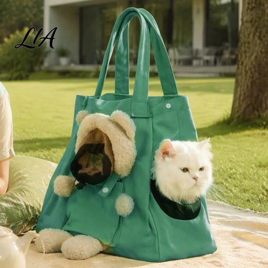Canvas Cat Carrier Bag Purse, Front & Side Head Hole, Plush Bear Puppy Outdoor Pet Carrying Purse Tote, Portable Shoulder with Safety Buckle for Cats