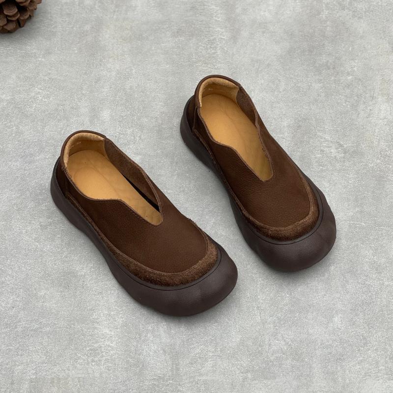 Johnature Vintage Handmade Genuine Leather Loafers Round Toe Thick Soled Cowhide Women's Slip-on Shoes