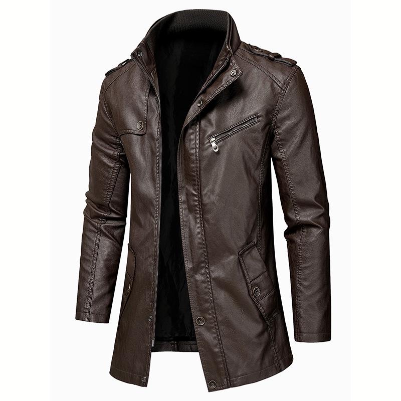 Men's Trendy Long-Style Windproof Leather Jacket with Stand Collar