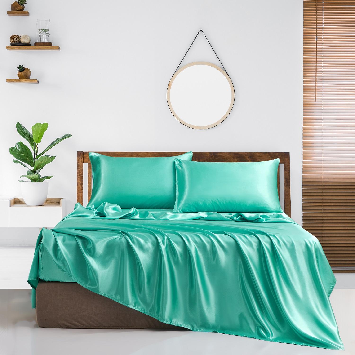 

12 цветов, набор из четырех предметов, однотонные роскошные простыни, шляпа, наволочка, домашнее постельное белье King светло-зеленый