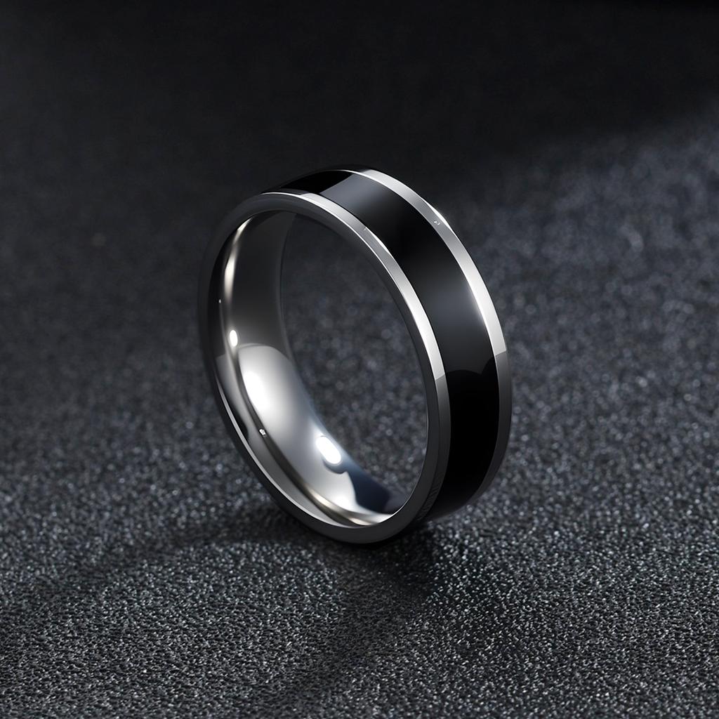 Simple Black And White Plated Titanium Steel Couple Rings 6mm Drip Oil Design
