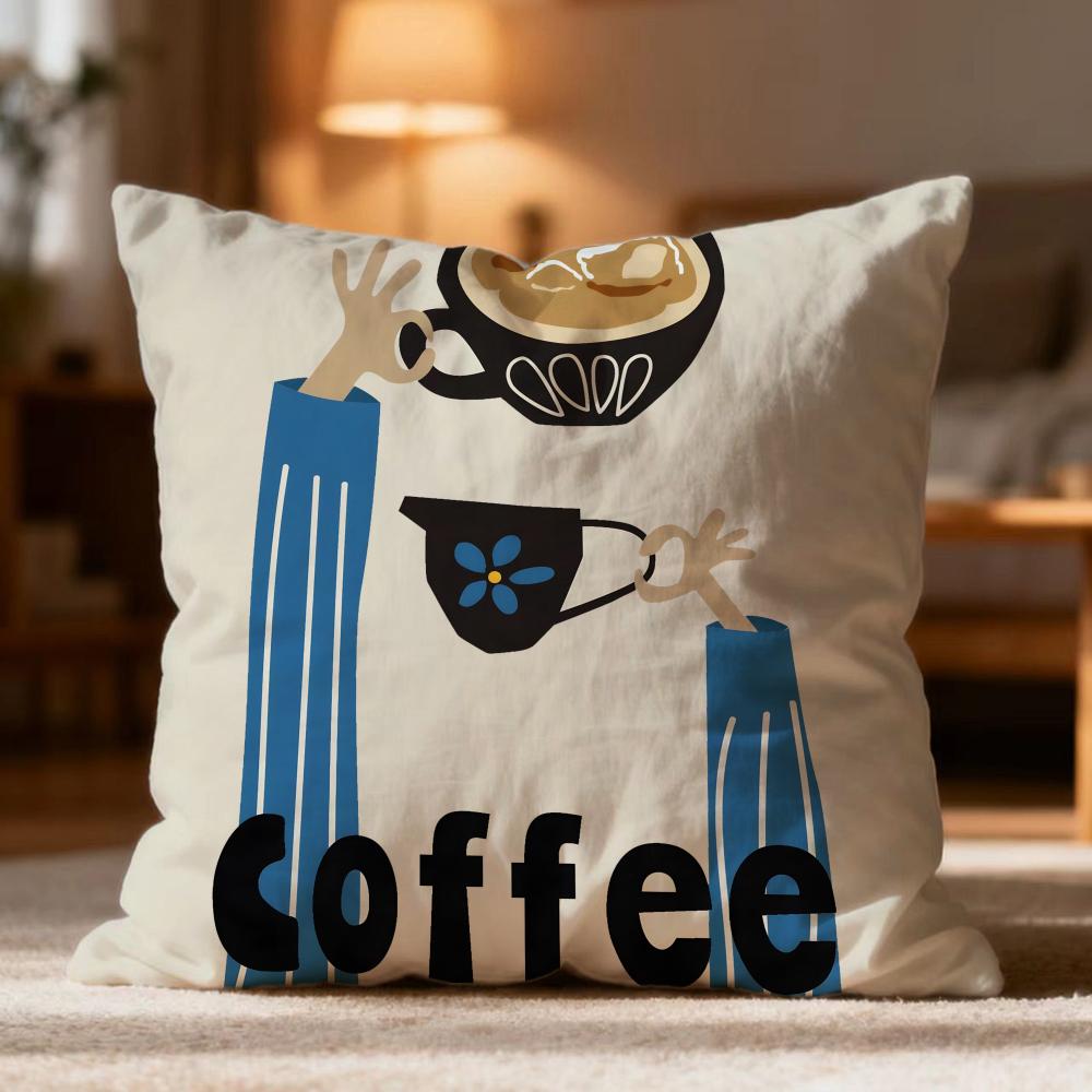 Fashion Coffee Illustration Cushion Cover Soft Washable Pillow Case Multi-Scene for Couch Bed Travel Office Use