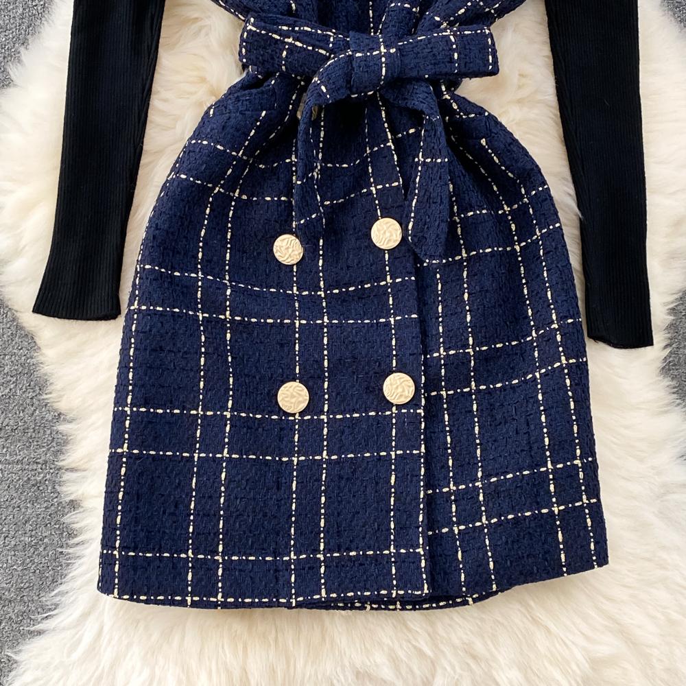 Sweet Two Piece Plaid Tweed Set Women Autumn Winter Base Sweater and Spaghetti Strap Mini Short Dresses Suits
