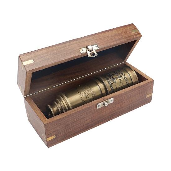 49,53 cm námornícky mosadz Vintage starožitný matný ďalekohľad s drevenou škatuľou Sheesha pre domáce a kancelárske dekorácie