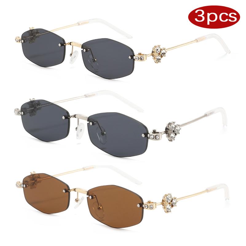 Protective Glasses 3pcs Women Polygon Shape Diamond Sunglasses Fashion Rimless Metal Eyeglasses Women Outdoor Travelling Eyewear