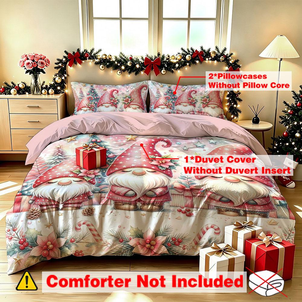 3 Pcs Christmas Duvet Cover Set Three Gnome Santa Christmas Tree Print Warm Bedding Set 1 Cover 2 Pillowcases