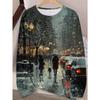 Retro Oil Painting Style Winter Night Print Top, Literary Round Neck Long-sleeved T-shirt