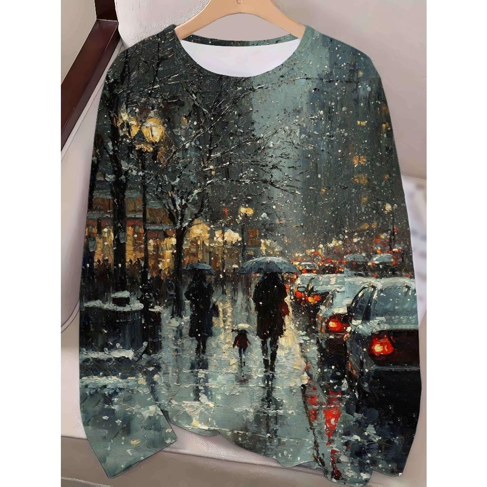 Retro Oil Painting Style Winter Night Print Top, Literary Round Neck Long-sleeved T-shirt
