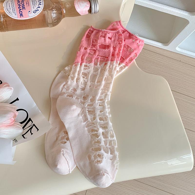 Contrast Splicing Torn Holes Beggar'S Hollow Mesh Socks Summer Breathable Glass Silk Tube Socks Thin Piles Of Socks