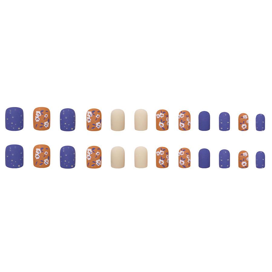 European Square Floral Warm-Toned Nail Tips: Enhance Fairness with Blue & Brown Beautiful Detachable Nail Art