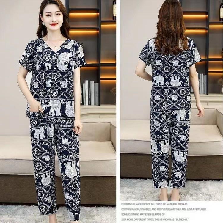 Damen Viskose Pyjama Set: Baumwoll- und Seidenmischung, Kurzärmeliges Oberteil, Lange Hose, Ideal für Mittelalte & Ältere, Sommer-Hauskleidung.