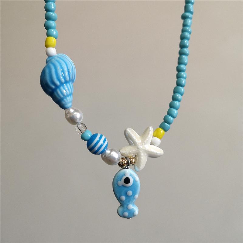 Collar Gargantilla de Cuentas con Colgante de Pez y Estrella de Mar de Cerámica Colorida de Verano para Mujer Accesorios de Joyería Romántica Boho de Playa