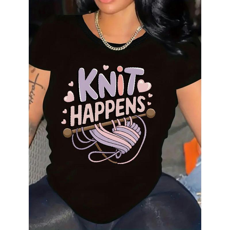 European Size Women'S Casual Knit Happens Graphic T-Shirt - White Short Sleeve Crew Neck with Colorful Yarn & Heart Design