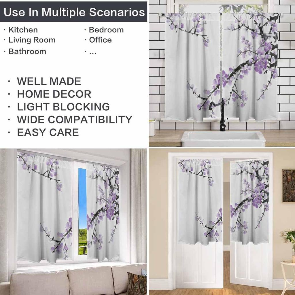 Purple Cherry Kitchen Tier Curtains, Spring Sakura Floral Cafe Curtains for Living Room,Bathroom,Dining Room Over Sink,Laundry