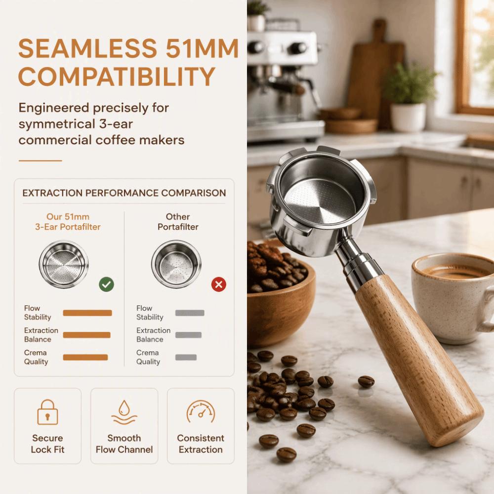304 Stainless Steel and Wood Bottomless Espresso Portafilter for DeLonghi Espresso Brewing