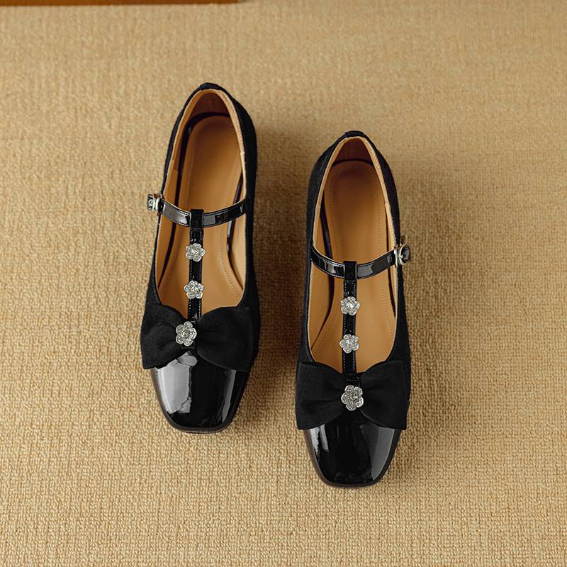 Krazing Pot Sheepskin Summer Size 40 Crystal Low Heels Butterfly-knot Rhinestone Flowers Square Toe Elegant Sweety Pumps