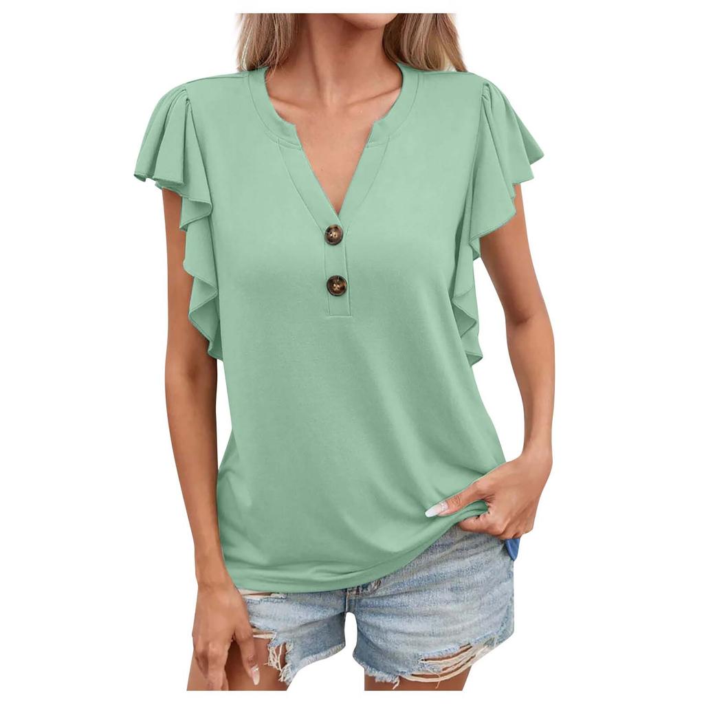 Women's Summer Short Sleeves Button V Neck Loose Casual Solid Color Casual Comfy Tops