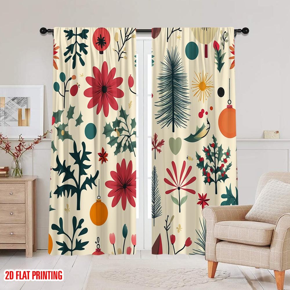 2pcs,2D plane printing Popular Curtains Christmas Balls Trees Flowers Versatile Polyester Fabric (without rod) All Seasons Use