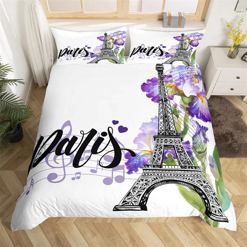 

Paris Eiffel Tower Duvet Cover Set Twin King Cherry Blossoms Comforter Cover Microfiber Romantic Theme Bedding Set For Girl Teen EU Single(135x200cm)