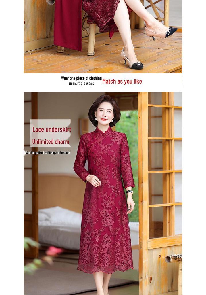 Elegant Midi-Length Two-Piece Cheongsam Dress for Mothers-in-Law - Spring/Autumn Style