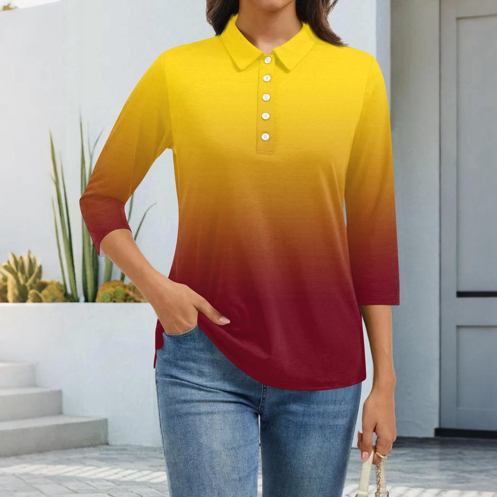 Dámská móda Ležérní klopa Krátký 3/4 rukáv Potisk Košile Dámské zapínací topy