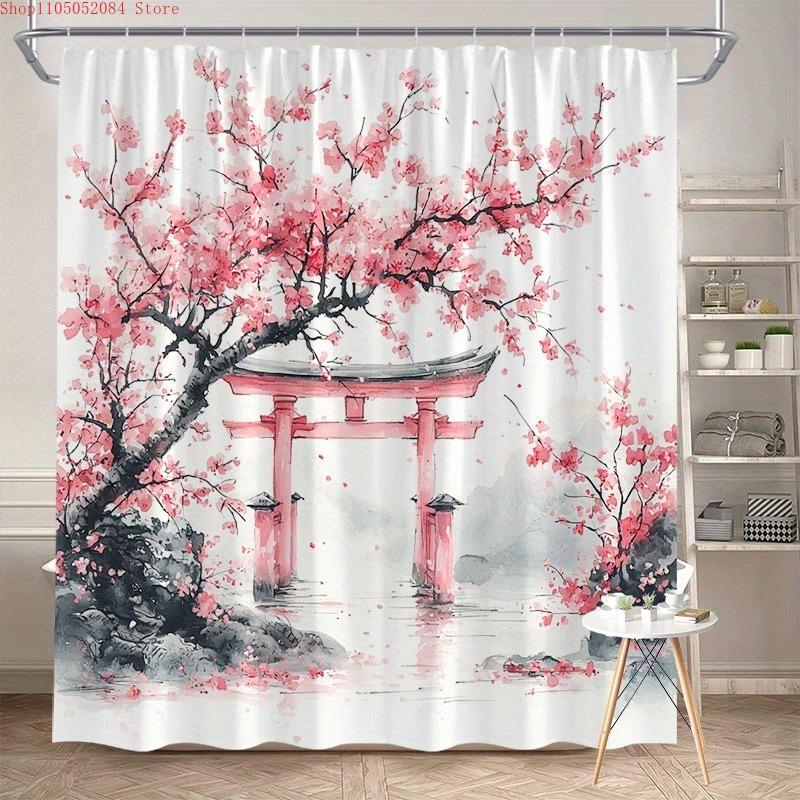 1Pc Japanese Cherry Shower Curtain Torii Gate - With Hooks Waterproof Mildew Proof Easy Install Washable