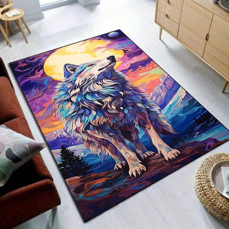 Colorful Wolf Moon Rug: Vibrant Wildlife Art for Living Spaces Nature-Inspired Home Decor Anti Slip Carpet Can Be Machine Washed