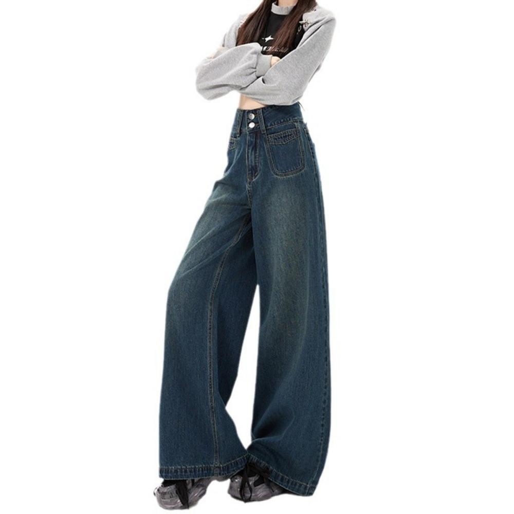Design Sense Street Fashion Mopping Jeans Women's Spring and Autumn New Loose and Skinny Wide Leg Pants Tide