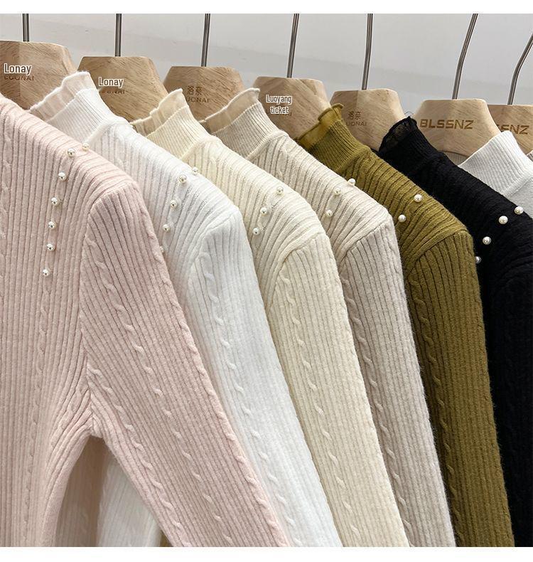 Lace Turtleneck Pearl Sweater: Long Sleeve Petite Knitwear for Autumn/Winter Women