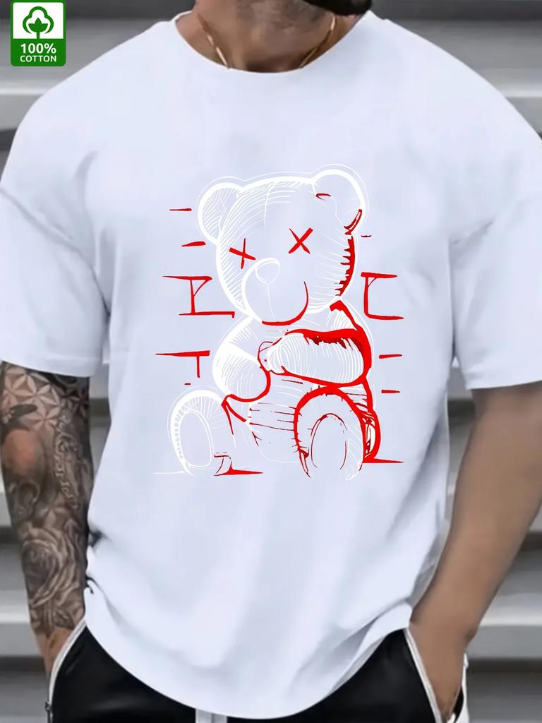 Men's Summer 100% Pure Cotton Fashionable Casual Loose Devil Bear Pattern Printed Sports Round Neck Short Sleeved T-shirt Top